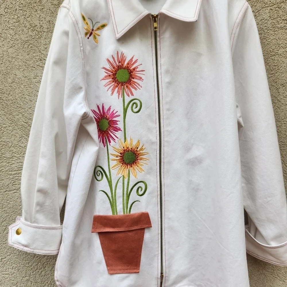 Vintage Bob Mackie Jacket Women’s Medium Cotton Wearable Art Flower Pot Full Zip - Picture 3 of 6